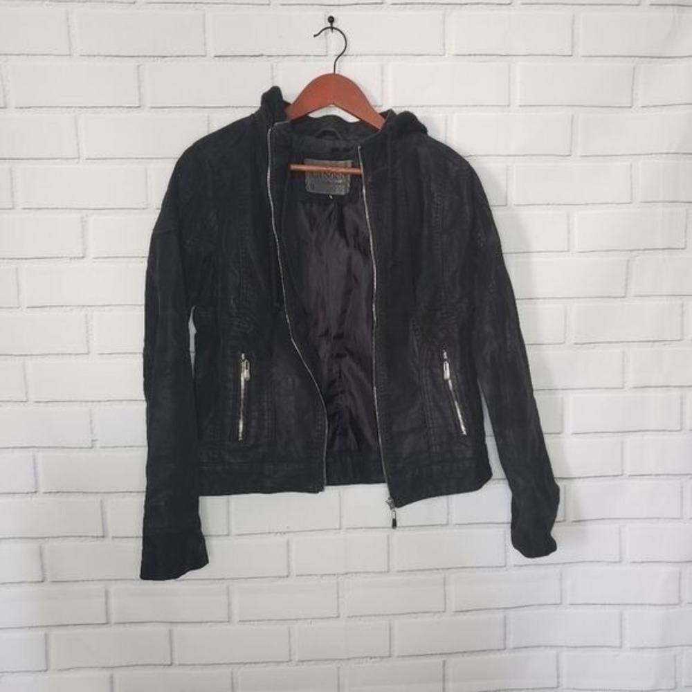 Black Hooded Moto Jacket Womens Full‎ Zip Casual - Size small - Picture 2 of 12